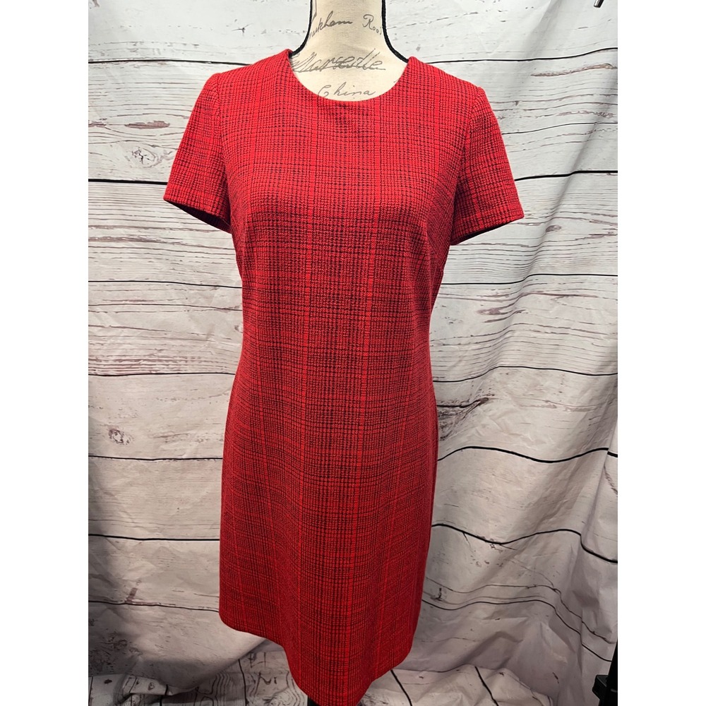 Calvin Klein Red Black Plaid Sheath Dress Size 10 Short Sleeve Exposed Zipper